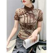 小衫 国风盘扣网纱短袖 潮 上衣中式 褶皱半袖 t恤女夏季 复古印花修身