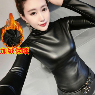 欧货潮T弹力皮显瘦上衣 打底小衫 欧洲站高领t恤女时尚 秋冬加绒长袖