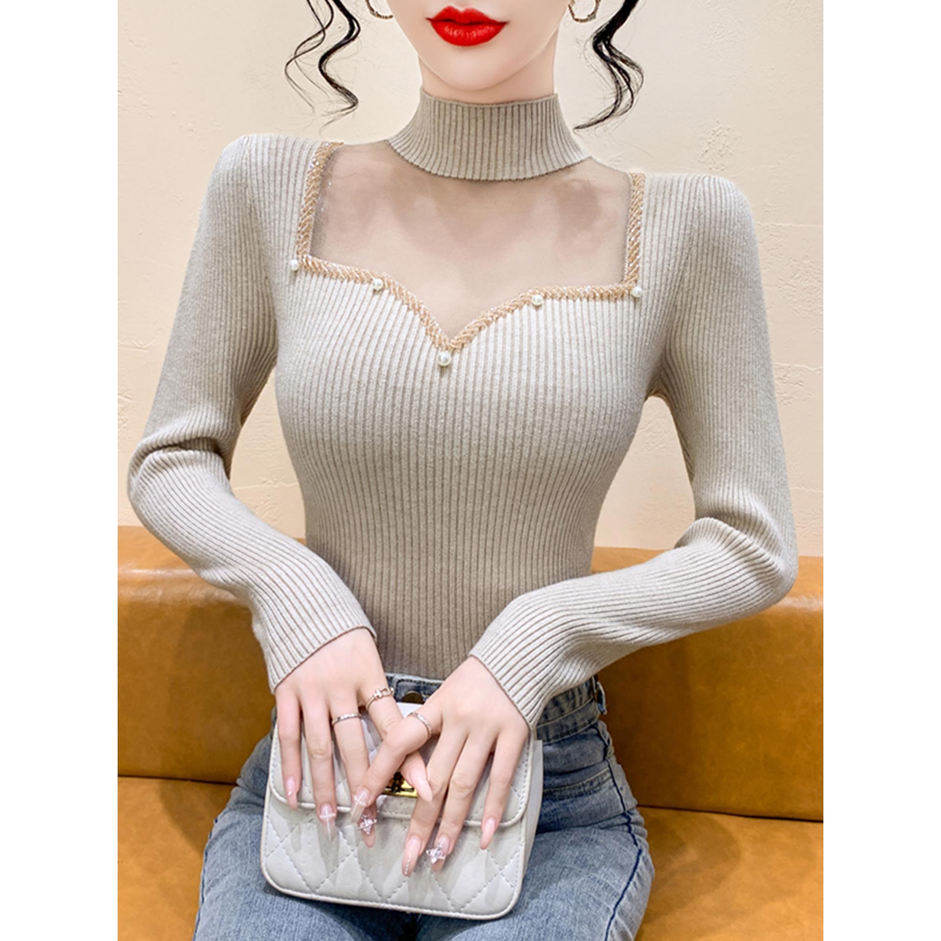 半高领镂空网纱拼接打底针织衫女秋冬季内搭修身钉珠长袖毛衣上衣