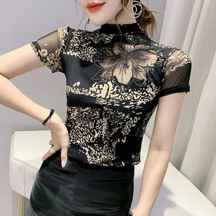 潮t 性感镂空T恤女短袖 春装 复古印花时尚 上衣洋气半高领网纱打底衫