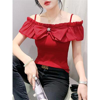 夏季设计感荷叶边小衫女性感一字领露肩短袖T恤洋气显瘦吊带上衣