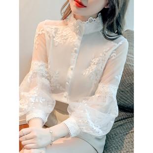 立领上衣 气质蕾丝拼接灯笼袖 宫廷风刺绣雪纺衬衫 女春秋2025年新款
