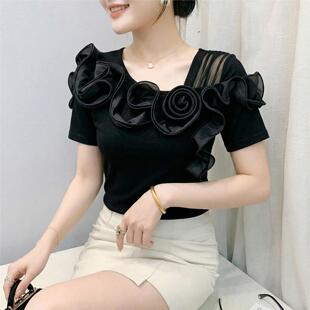 气质网纱拼接T恤女短袖夏装欧货高级感花朵上衣洋气修身显瘦小衫
