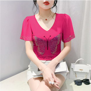性感网纱V领泡泡袖夏季T恤女重工蝴蝶烫钻上衣修身显瘦短袖小衫潮