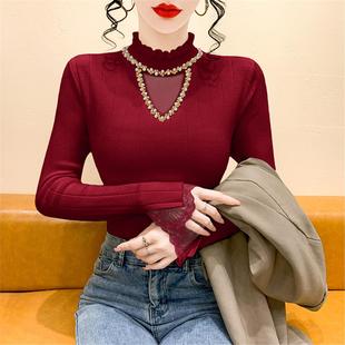修身 法式 蕾丝拼接长袖 女秋冬季 毛衣打底上衣 钉珠半高领镂空针织衫