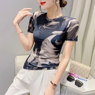 T恤女2024夏装 洋气印花上衣修身 欧货扎染网纱短袖 新款 潮 半袖 小衫