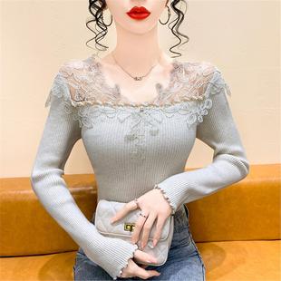 长袖 女秋冬内搭修身 打底上衣 复古重工钉钻蕾丝拼接V领针织衫 法式