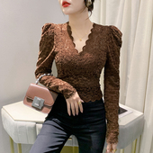 秋冬气质镂空网纱上衣紧身内搭加绒打底小衫 性感V领蕾丝衫 女长袖