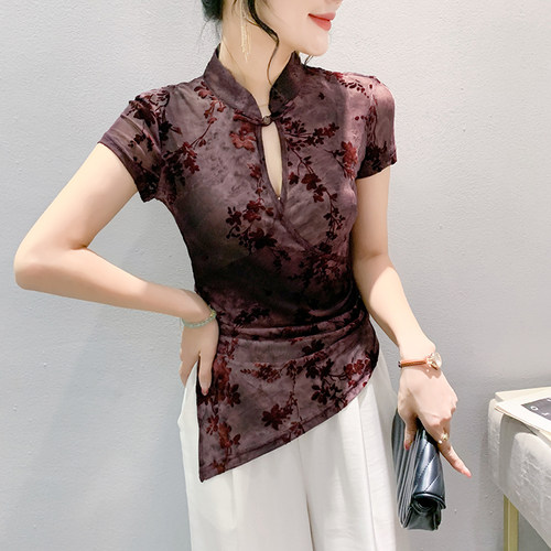 时尚不规则短袖T恤女装夏季欧货新中式国风盘扣上衣气质显瘦小衫