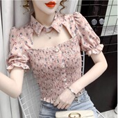 女新款 2024年夏季 韩版 碎花雪纺衬衫 收腰显瘦时尚 方领镂空挂脖上衣