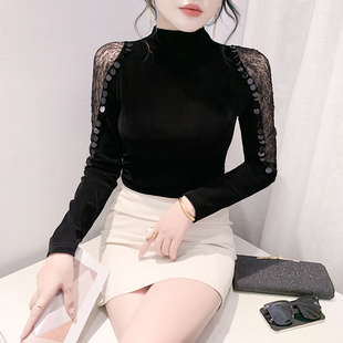 欧货半高领打底衫 秋冬时髦女人味网纱拼接丝绒上衣紧身t恤 女长袖