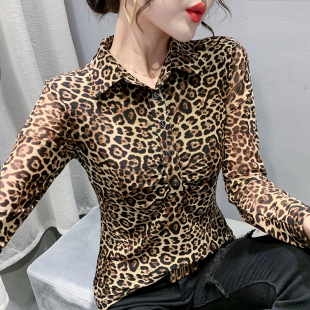 欧货豹纹长袖网纱衬衫女秋冬新款时尚修身显瘦上衣个性内搭打底衫
