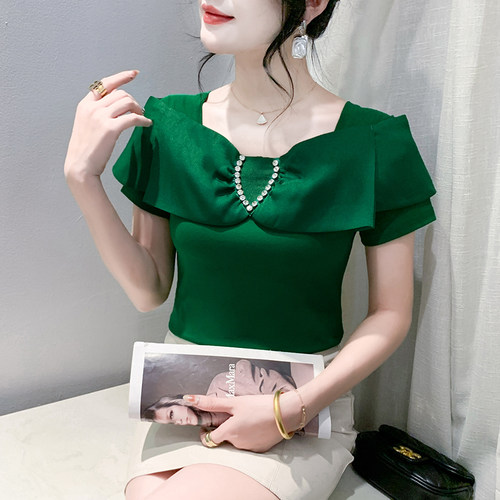 性感方领露锁骨上衣女夏装时髦烫钻短袖t恤洋派修身百搭T恤小衫