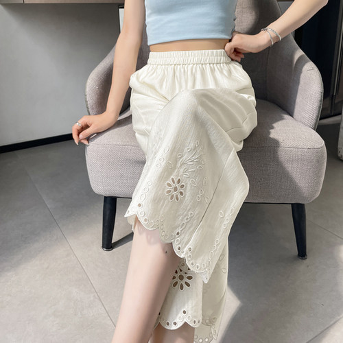 冰丝亚麻休闲阔腿裤女夏季薄款2025新款蕾丝花边防晒直筒九分裤子