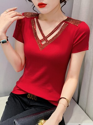 欧货烫钻洋气上衣半袖小衫