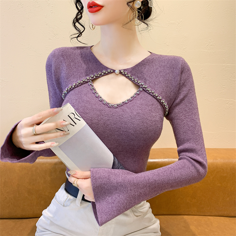 紫色重工钉钻镂空针织打底衫女秋冬新款气质修身内搭长袖毛衣上衣