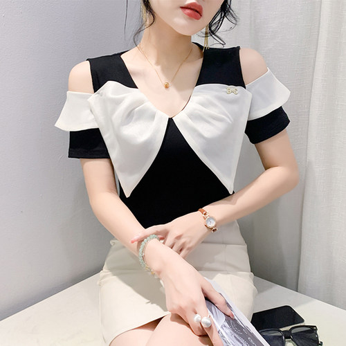 欧货体恤女2024夏装新款性感V领露肩短袖T恤气质荷叶边百搭上衣潮