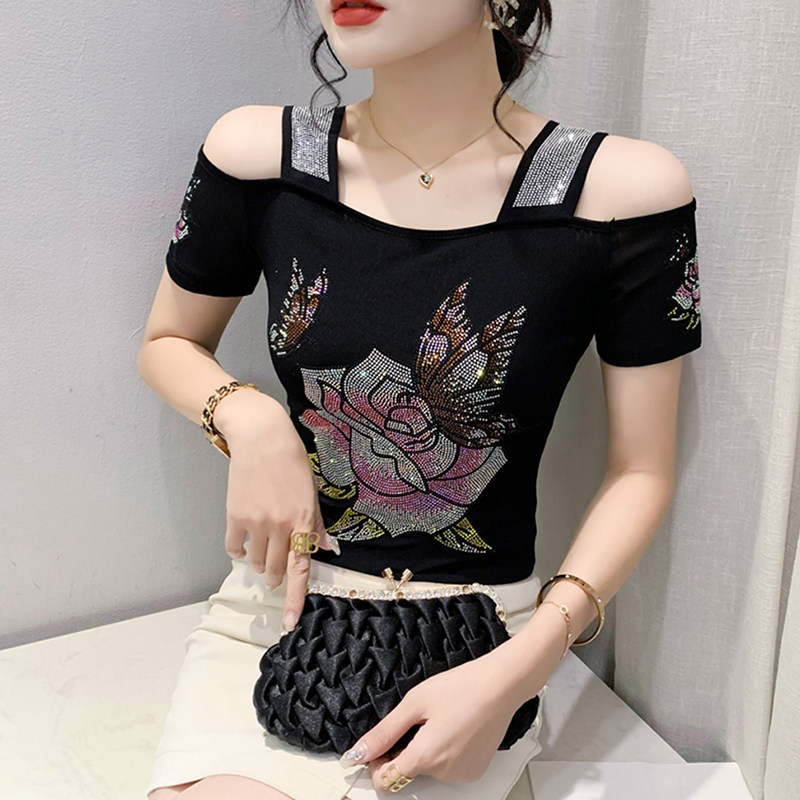 一字领吊带上衣女夏季欧货性感露肩T恤短袖洋气网纱小衫烫钻丅恤