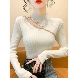 气质镂空半高领重工钉珠针织衫女秋冬内搭打底衫修身显瘦长袖上衣