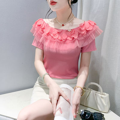 法式气质减龄露肩短袖T恤女夏季新款洋气高级感荷叶边一字肩上衣