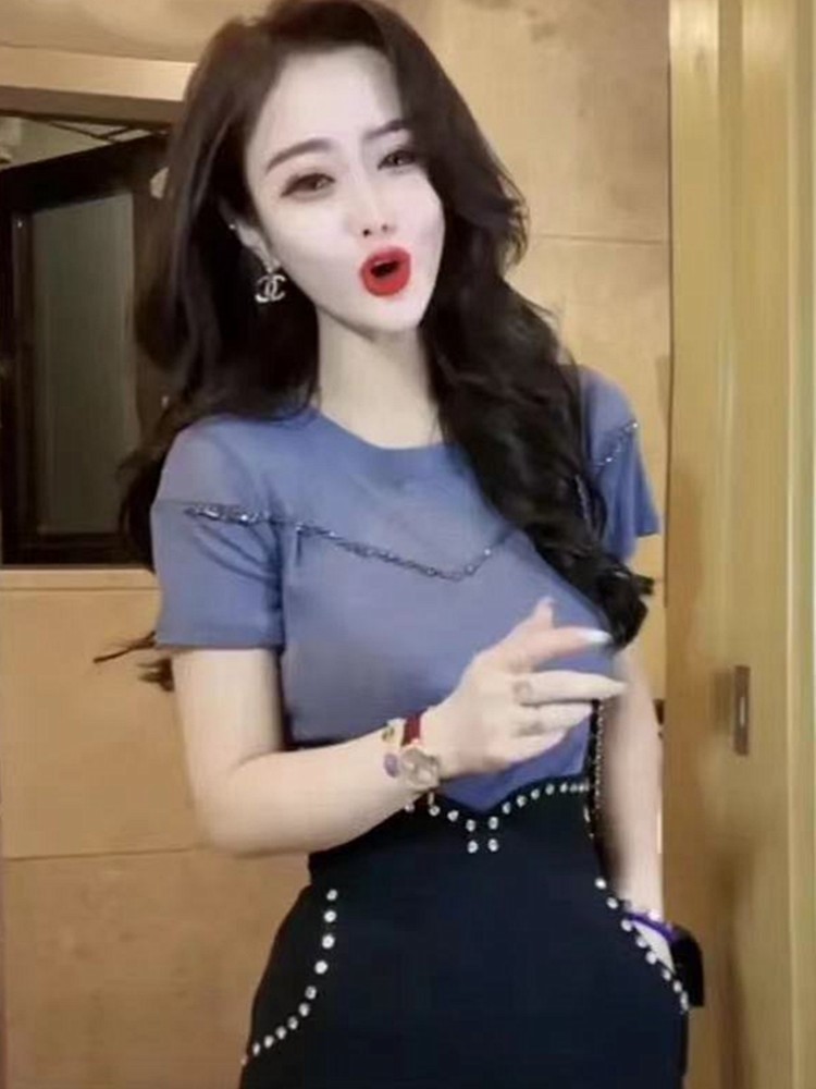 欧货夏季新款圆领拼接时尚短袖