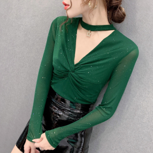 潮 内搭洋气上衣紧身打底衫 2024秋冬新款 性感网纱镂空V领T恤女长袖