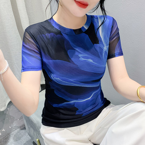 扎染印花网纱短袖t恤女夏季欧货正肩设计感修身洋气显瘦气质上衣