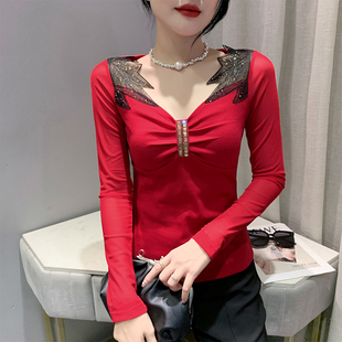 百搭打底衫 烫钻上衣修身 女春秋 欧货时尚 网纱拼接性感V领T恤女长袖
