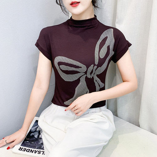 气质减龄印花T恤女短袖2025夏装新款半高领百搭上衣修身半袖体恤