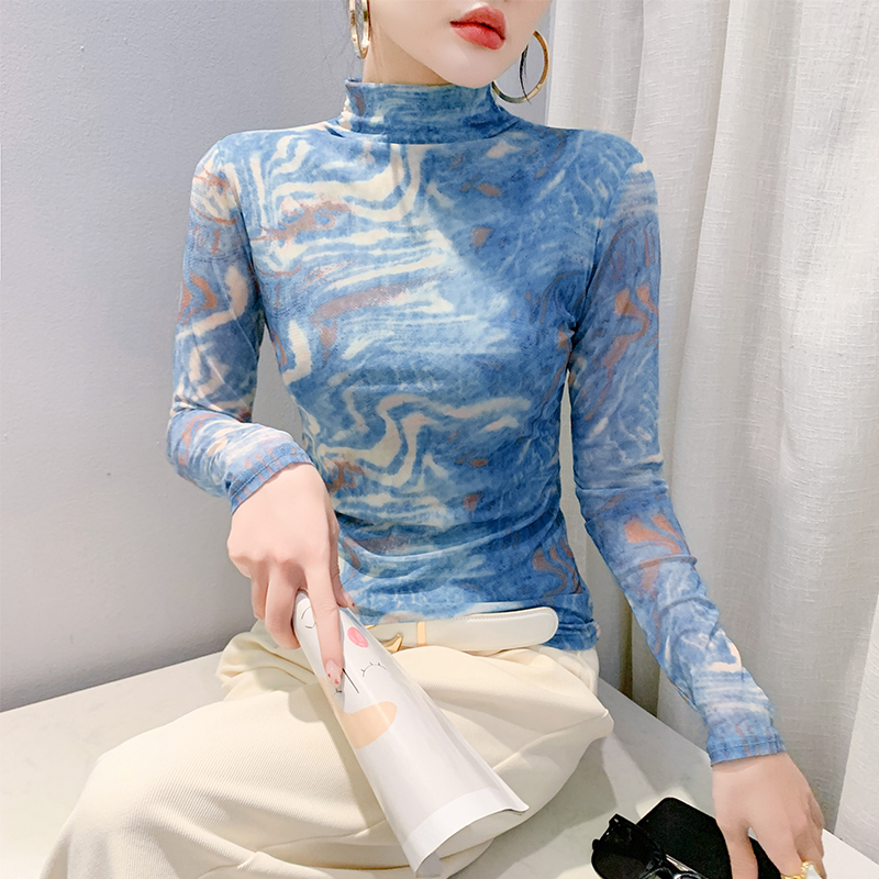 欧货晕染印花打底衫女2024秋冬新款高领网纱t恤修身显瘦百搭上衣