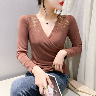 打底衫 性感网纱烫钻拼接上衣洋气修身 潮 V领褶皱T恤女长袖 秋冬新款