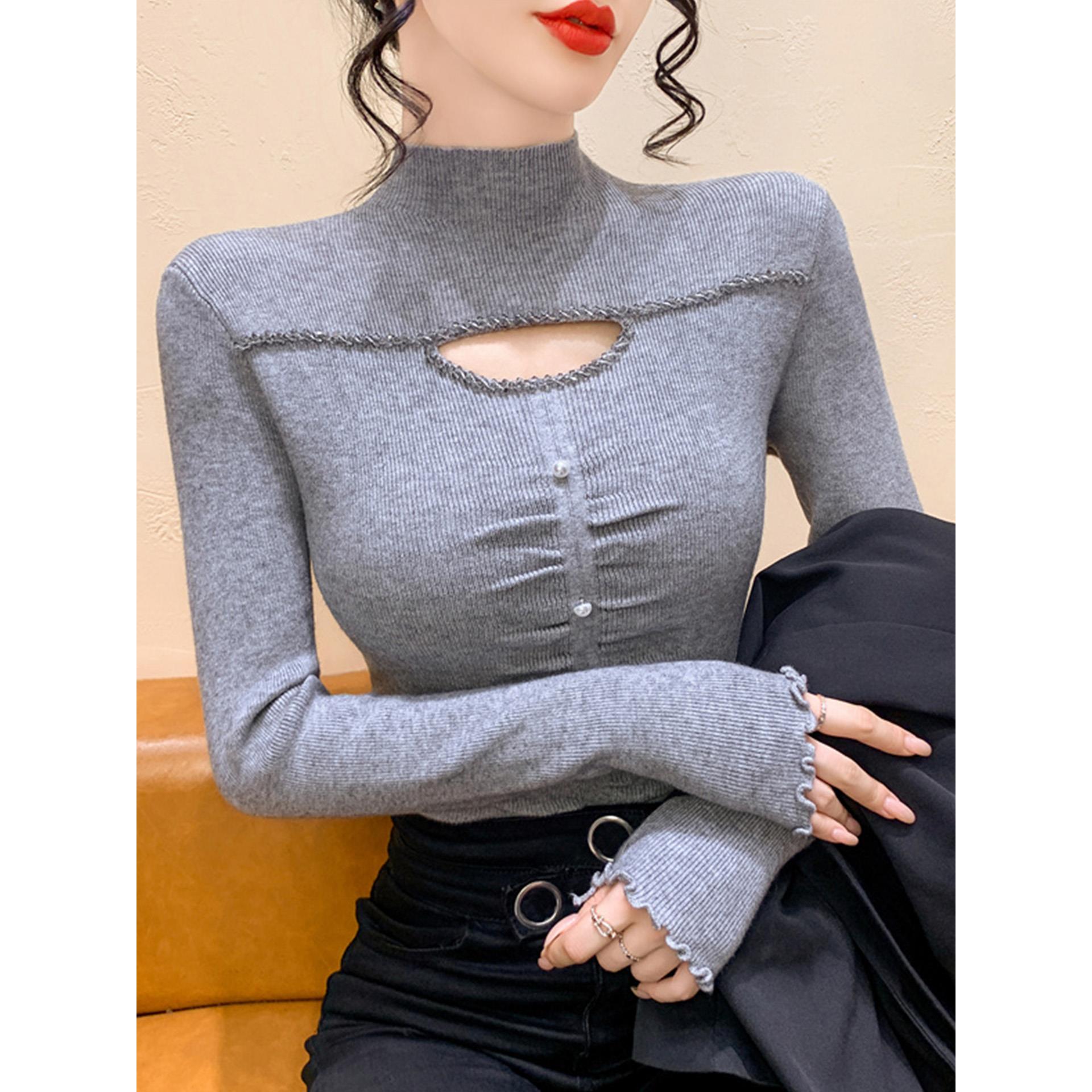 半高领镂空钉钻修身褶皱针织衫女秋冬高级感气质长袖显瘦打底毛衣