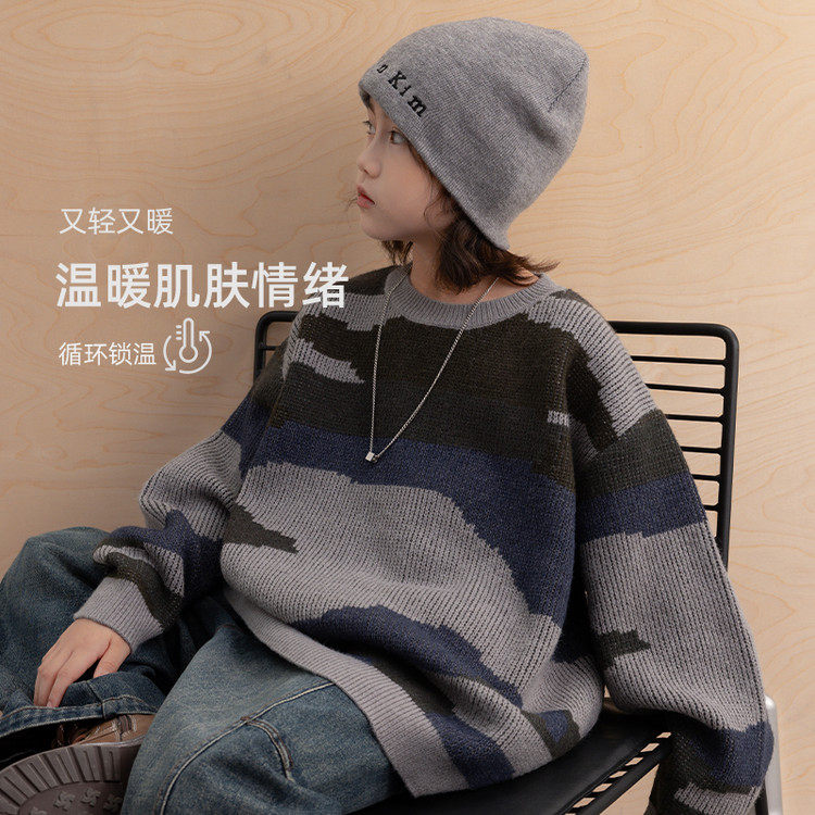 2025冬款美式慵懒风迷彩圆领毛衣男童加厚针织衫柔软舒适休闲款