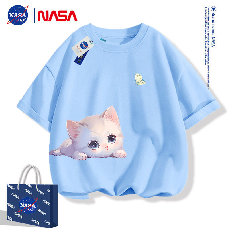NASA联名小猫男童女童超好看的短袖t恤夏季纯棉2025新款儿童夏装