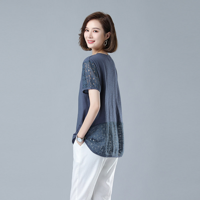 时尚宽松蕾丝拼接短袖T恤女夏季新款显瘦百搭上衣气质简约女装,女装T恤,秋牧寒烟