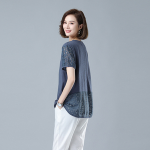 时尚宽松蕾丝拼接短袖T恤女夏季新款显瘦百搭上衣气质简约女装图片