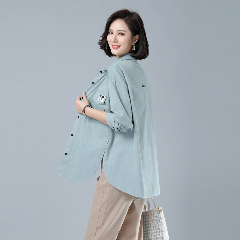 2021春款新款灯蕊绒衬衣411款口袋长袖衬衣宽松纯色休闲,女装衬衫,秋牧寒烟