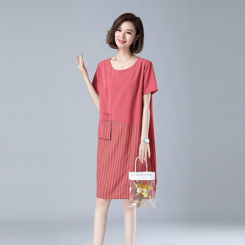时尚宽松显瘦条纹拼接短袖连衣裙女夏季新款气质百搭休闲裙装图片