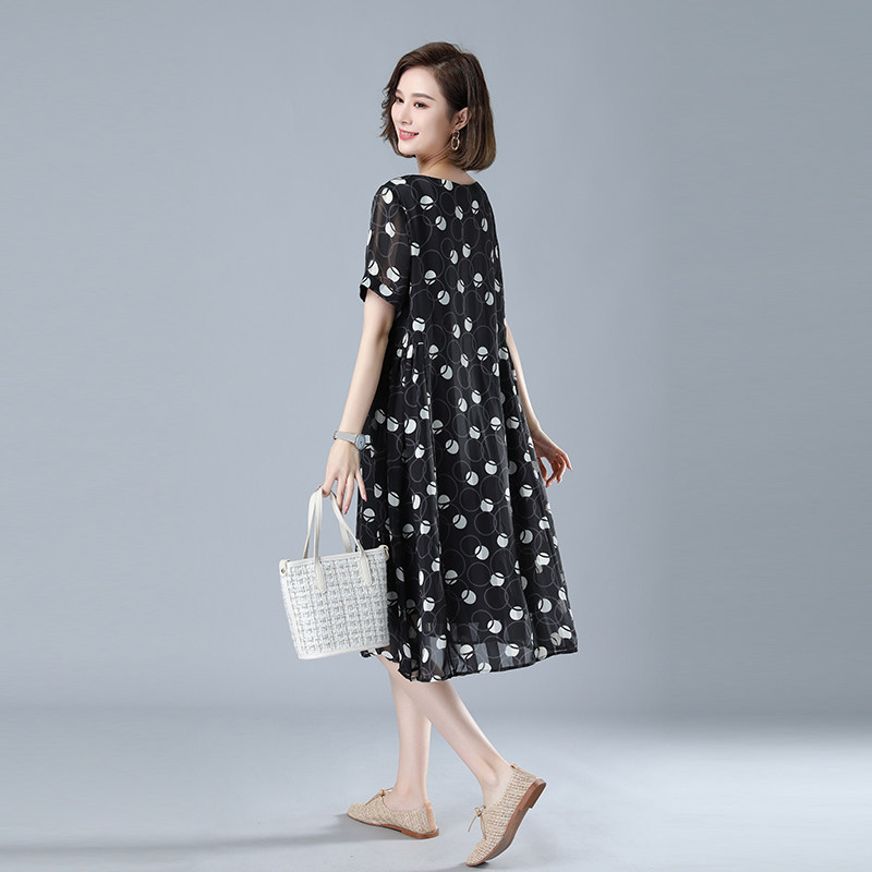 时尚宽松显瘦波点雪纺连衣裙女夏季新款气质百搭长裙，女装连衣裙，秋牧寒烟