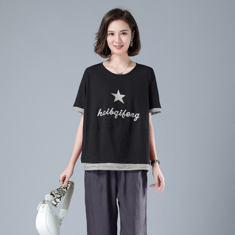 时尚宽松纯棉T恤女夏季新款百搭显瘦短袖上衣休闲舒适女装,女装T恤,秋牧寒烟
