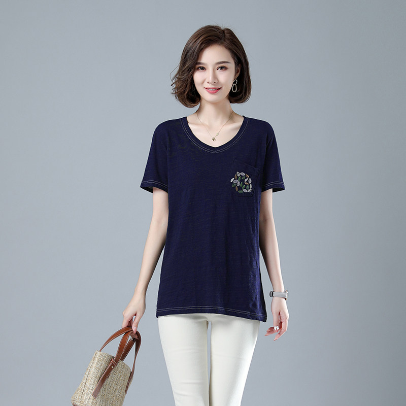 时尚宽松短袖T恤女夏季新款韩版百搭V领上衣显瘦印花休闲女装,女装T恤,秋牧寒烟