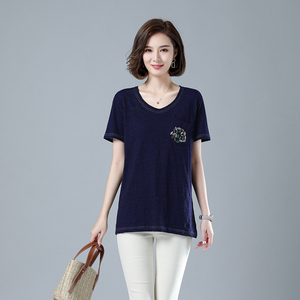 时尚宽松短袖T恤女夏季新款韩版百搭V领上衣显瘦印花休闲女装图片