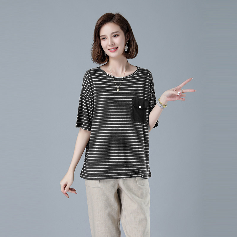 时尚宽松条纹短袖T恤女夏季新款韩版百搭显瘦上衣休闲女装436,女装T恤,秋牧寒烟