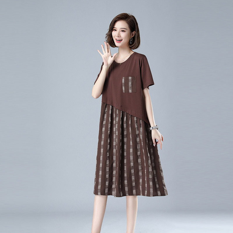 时尚宽松显瘦格子拼接连衣裙女夏季新款短袖休闲气质长裙8236,女装连衣裙,秋牧寒烟