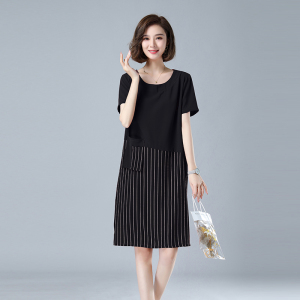 时尚宽松显瘦条纹拼接短袖连衣裙女夏季新款气质百搭休闲裙装图片