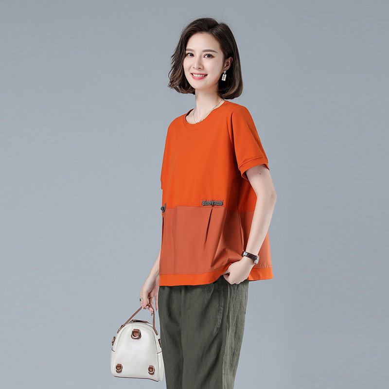 时尚宽松短袖T恤女夏季新款圆领拼色上衣显瘦百搭休闲女装482,女装T恤,秋牧寒烟