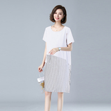 时尚宽松显瘦条纹拼接短袖连衣裙女夏季新款气质百搭休闲裙装，女装连衣裙，秋牧寒烟