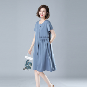 时尚优雅蓝色连衣裙 显瘦修身短袖A字裙 气质女神必备款图片
