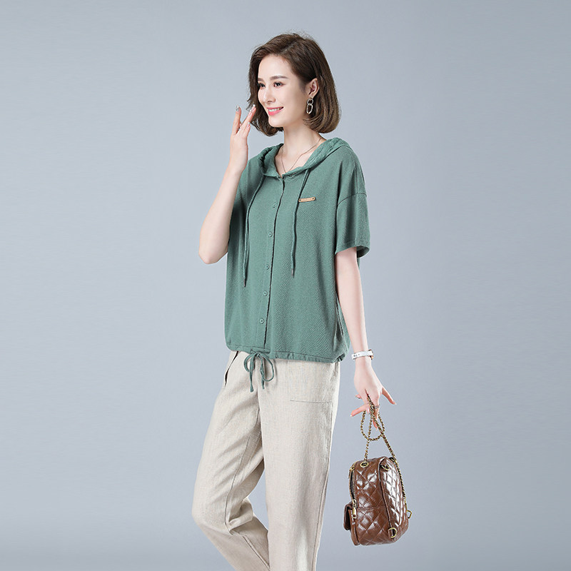 时尚宽松短袖T恤女夏季新款韩版百搭显瘦连帽上衣休闲女装,女装T恤,秋牧寒烟
