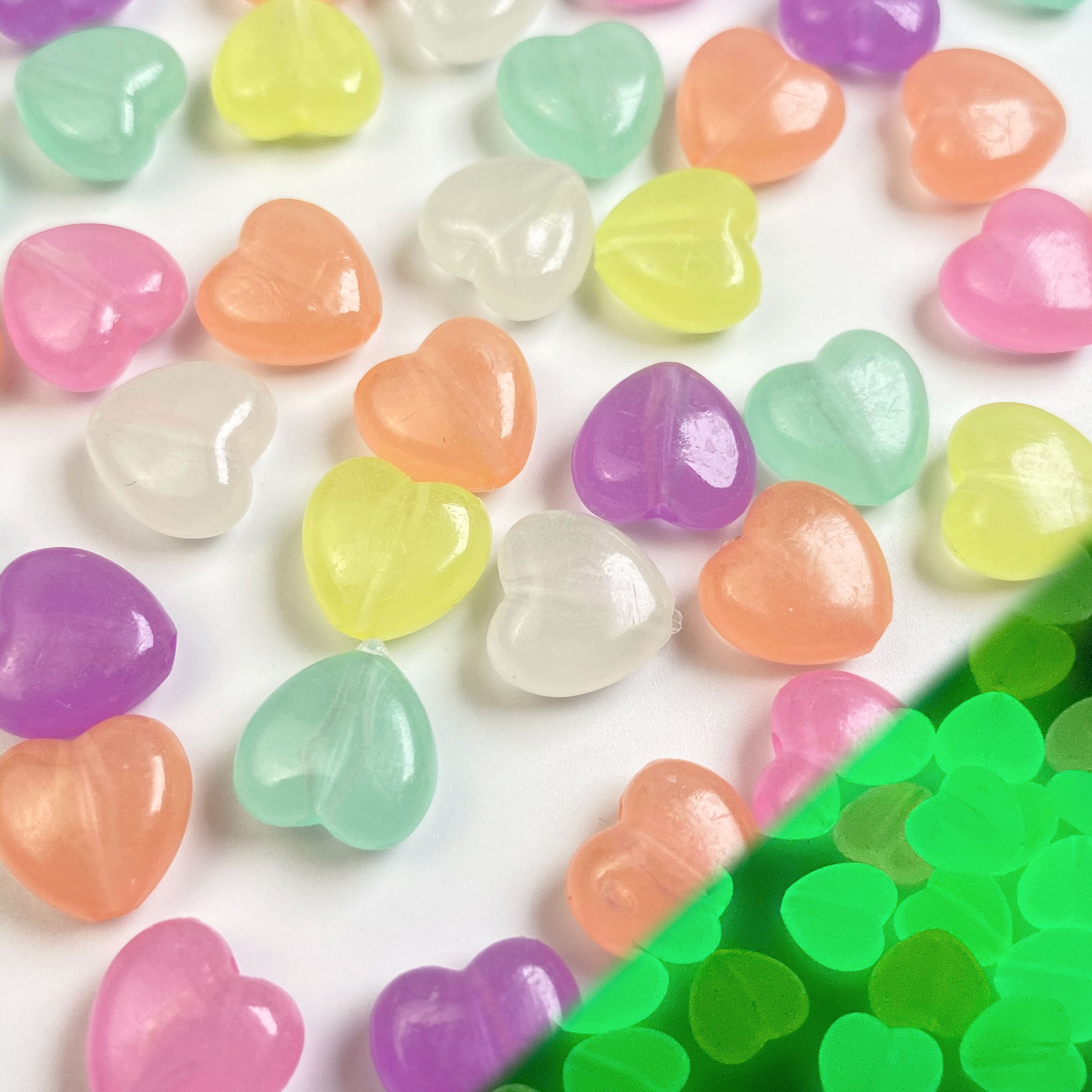 七彩11mm糖果色夜光爱心珠 DIY自制皮筋发绳手机链条串珠材料散珠